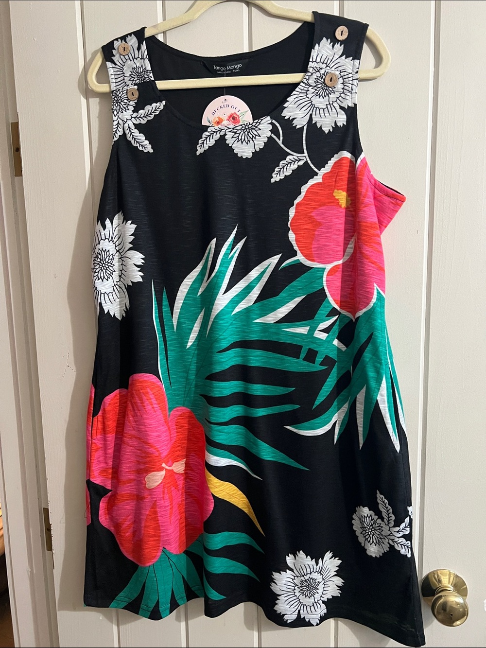 Tropical Floral Mini Dress in Black with Pink & Green - Tango Mango